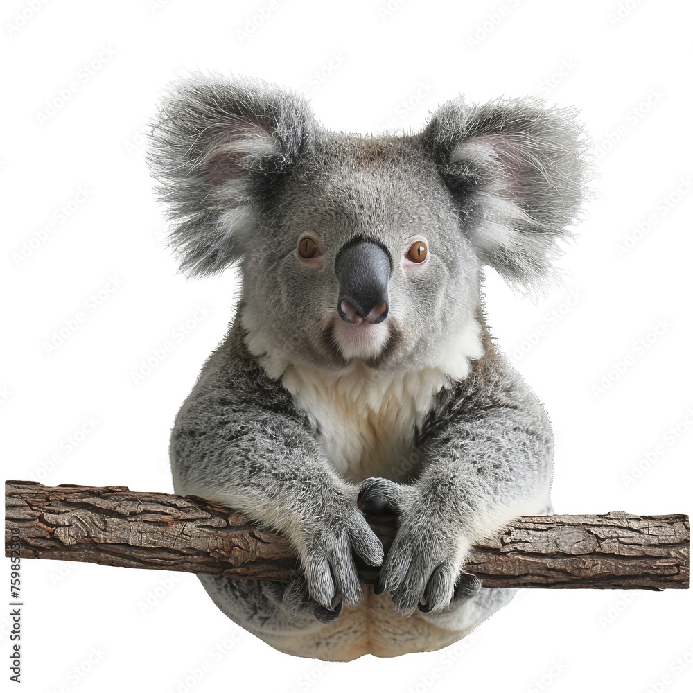 Fototapeta premium Stuffed Koala Sitting on Branch. Transparent PNG Background