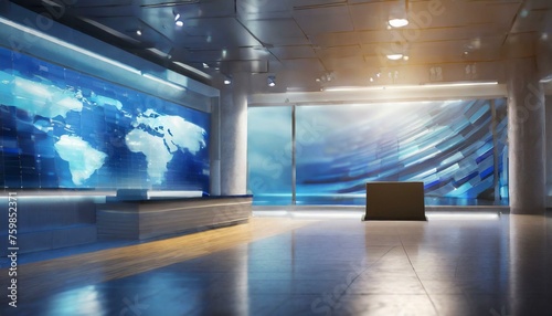 Tv studio background, virtual studio blurred background, news room with blurred background, Ai Generate 