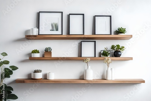 Wood floating shelf with frames and vases on white wall © Ateeq