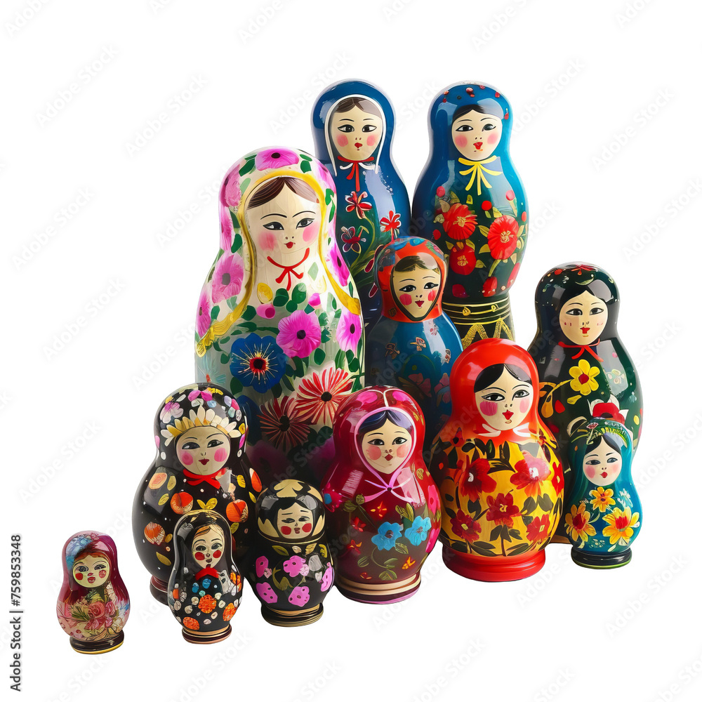 Group of Colorful Nesting Dolls Sitting Together. Transparent PNG Background