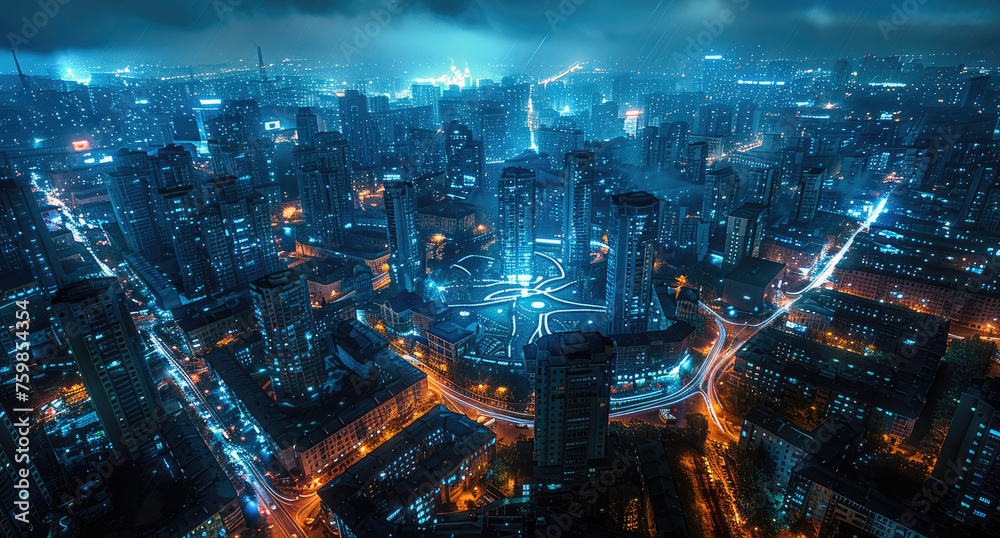 Aerial view of a modern city, glow blue. Generative AI.