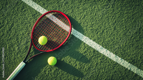 A tennis racket and ball on a green tennis court with white boundary lines. © HelenP