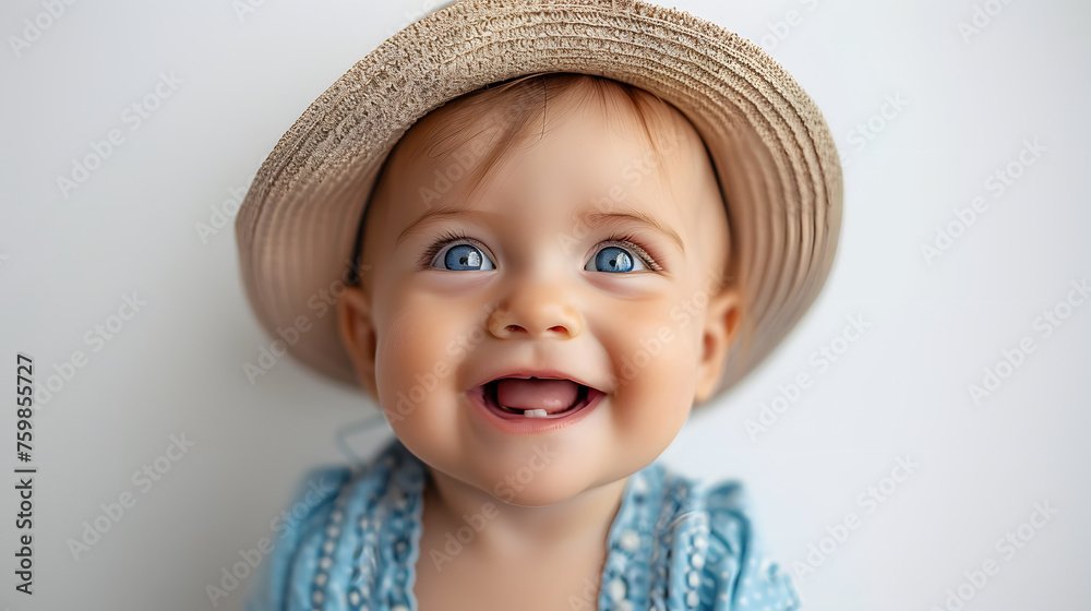 A cute baby's delighted expression against a white backdrop A cute baby's delighted expression against a white backdrop