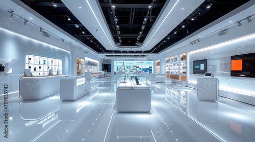 A spacious  modern interior of a consumer electronics store  designed with sleek. Generative AI.