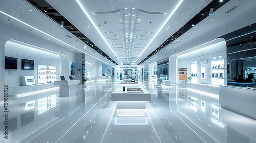 A spacious, modern interior of a consumer electronics store, designed with sleek. Generative AI.