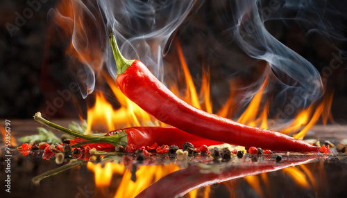 Fiery red chili pepper. Hot orange flame and smoke. Spicy vegetable. Dynamic scene.
