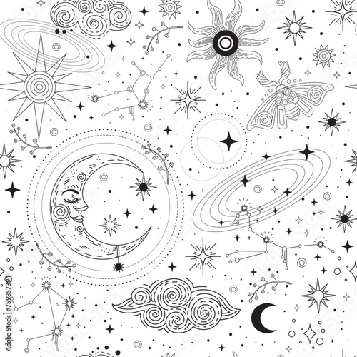 Star constellation moon and moth seamless pattern