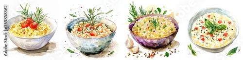 Assortment of watercolor illustrations of gourmet risotto dishes, garnished with herbs and spices, ideal for culinary-themed design and cuisine-related content photo