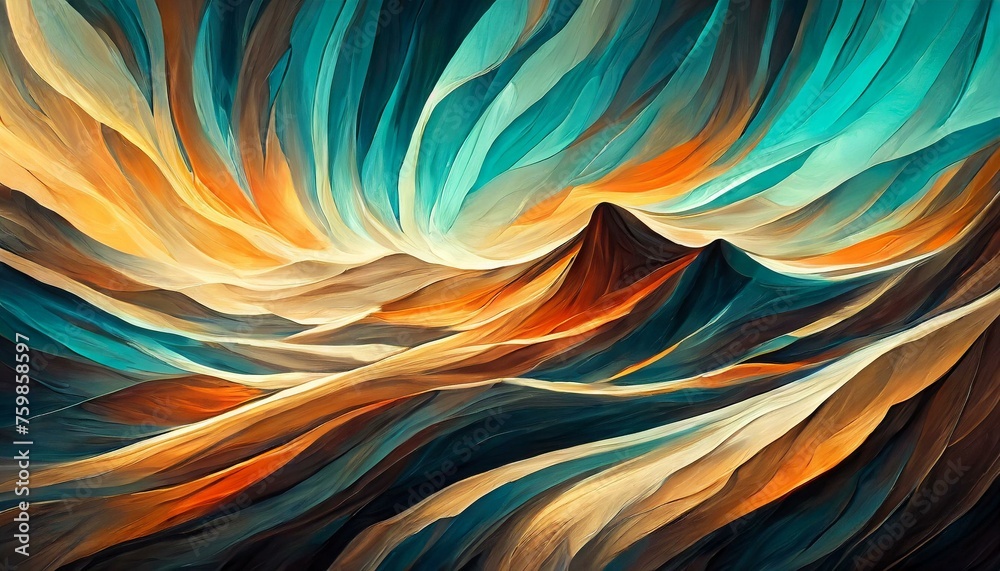 Bergige Landschaft. Hintergrund. Fließende Wellen und Linien in Blau und Orange Farbtönen. 
