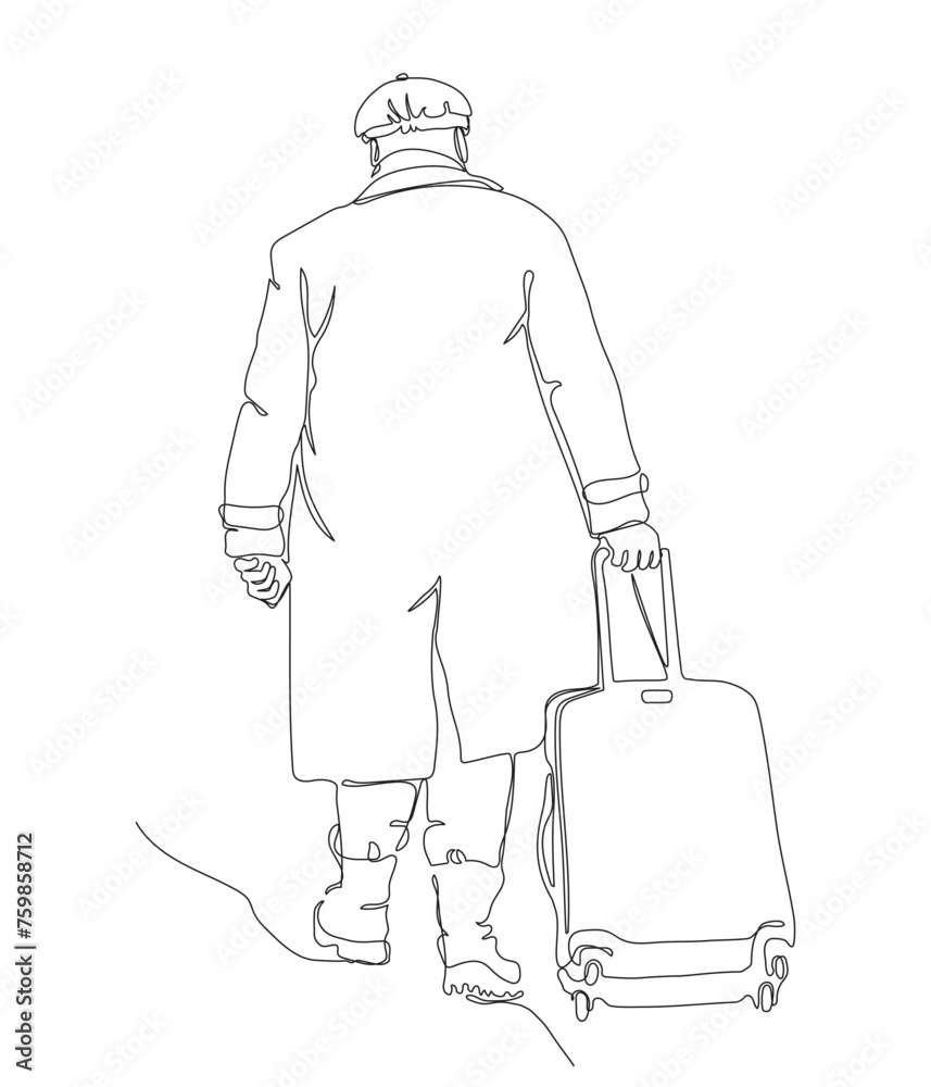 Big man with suitcase walking away. Wear warm clothes in winter travel season. Continuous line drawing. Hand drawn black and white vector illustration in line art style.int Big man with suitcase walking away. Wear warm clothes in winter travel season. Continuous line drawing. Hand drawn black and white vector illustration in line art style.int