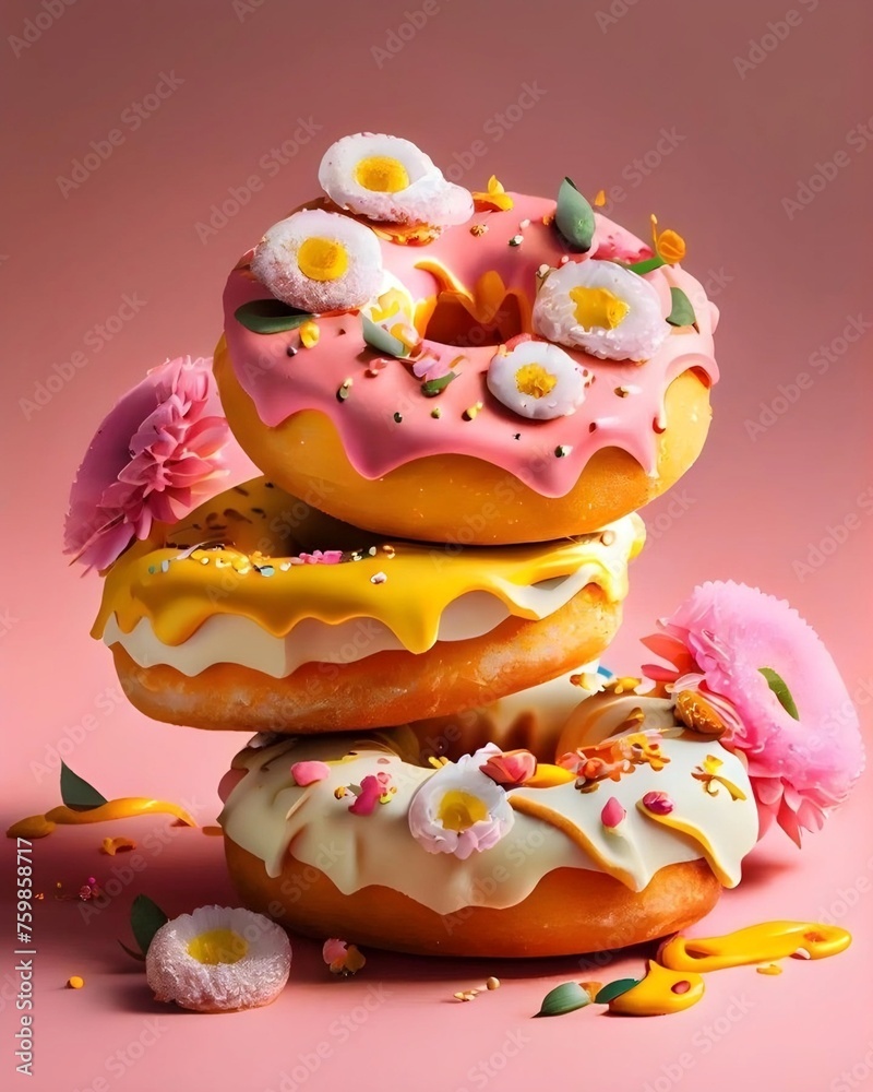 pink donut with icing sugar, pink background, wallpaper, 3d render pink donut with icing sugar, pink background, wallpaper, 3d render