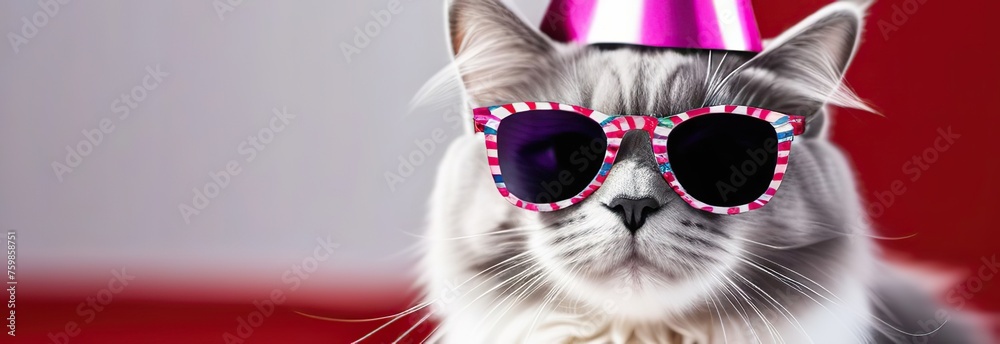 cat in party hat and sunglasses, happy anniversary concept, panoramic layout