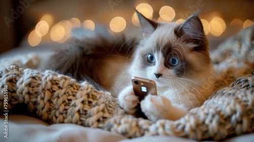 Cute Cat Playing with Cell Phones Tablets on Bed Internet Gaming Social Media Addiction 16:9