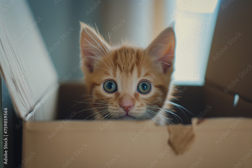 A curious ginger tabby cat looks out of the box he is sitting in A curious ginger tabby cat looks out of the box he is sitting in