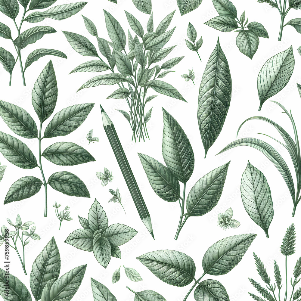 green leaves pattern,leaf, pattern, seamless, nature, plants, pencil, illustration, Ai generated 