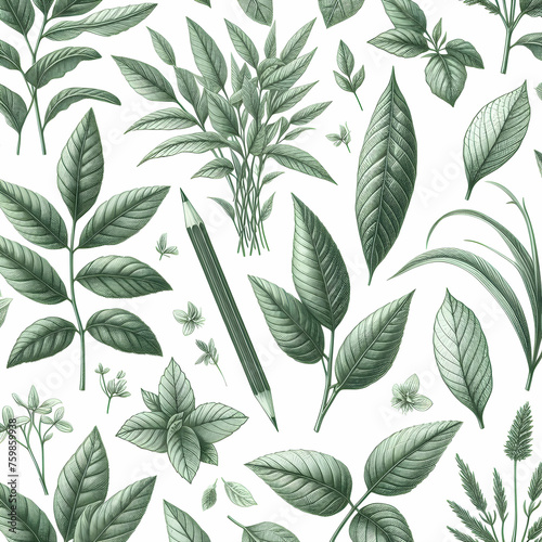 green leaves pattern,leaf, pattern, seamless, nature, plants, pencil, illustration, Ai generated © Fayyaz