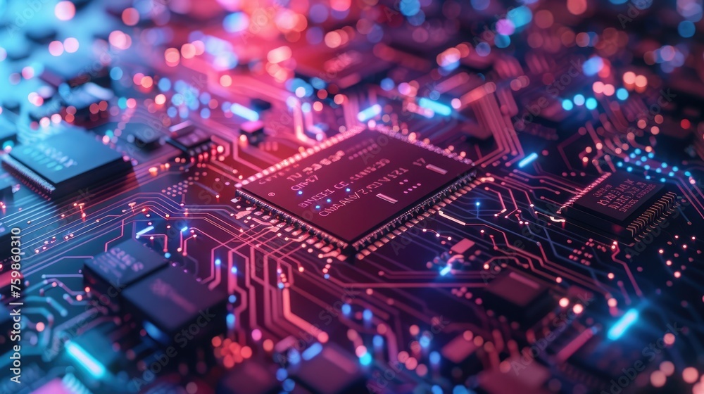 A close-up of a circuit board with electric currents flowing symbolizing the heartbeat of technology - obrazy, fototapety, plakaty 