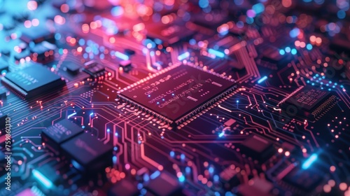 A close-up of a circuit board with electric currents flowing symbolizing the heartbeat of technology