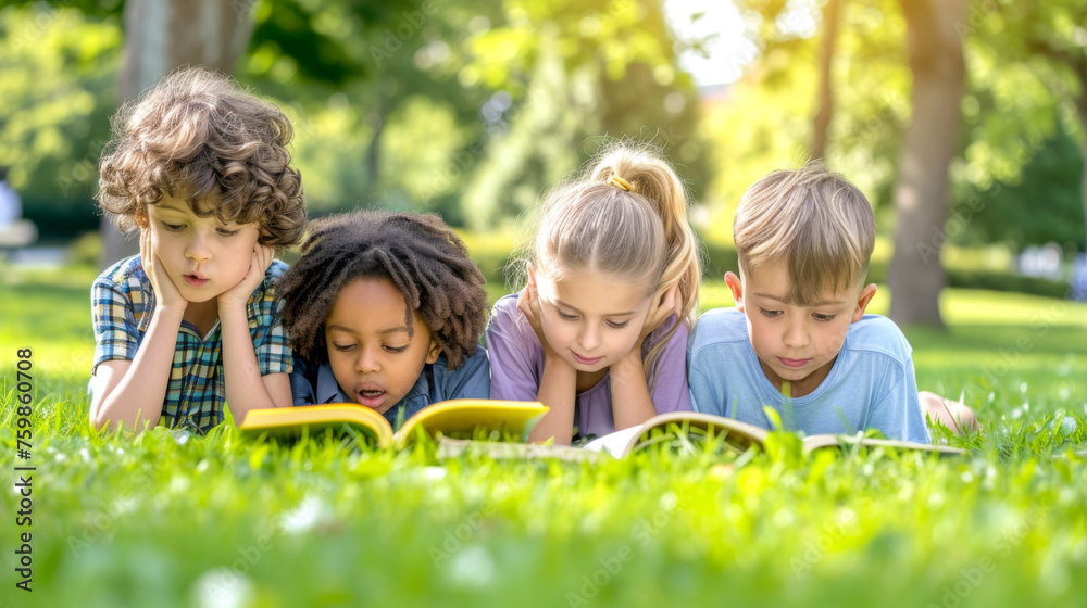 children lying on the grass, deeply engaged in reading books. children lying on the grass, deeply engaged in reading books.