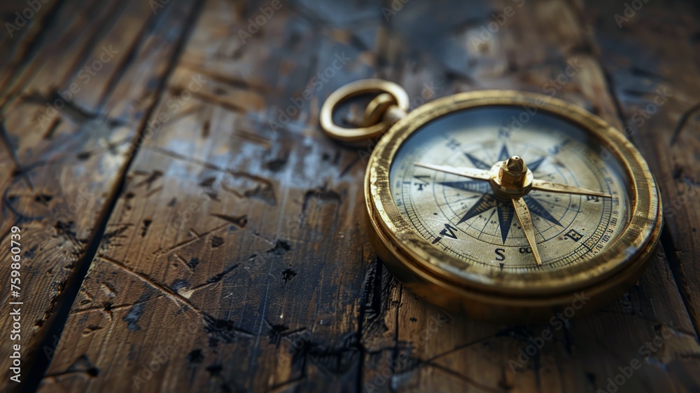 Antique compass on a weathered wooden surface conveying the spirit of adventure