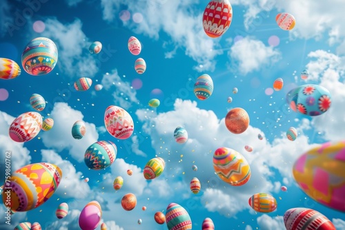 Flying colorful Easter eggs with beautiful blue sky with clouds in the background. Ai generative art