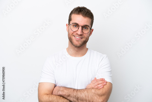 Young caucasian man isolated on white background With glasses with happy expression