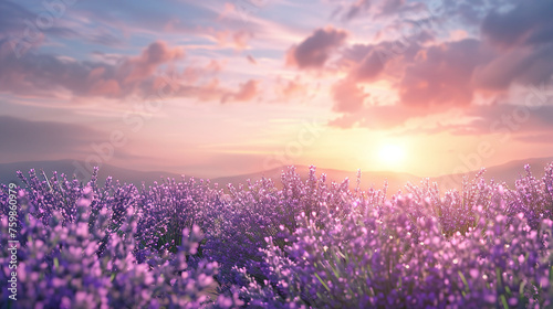 Lavender flower blooming scented fields in endless rows during sunrise.