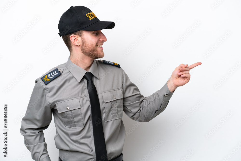 Young safeguard caucasian man isolated on white background pointing finger to the side and presenting a product Young safeguard caucasian man isolated on white background pointing finger to the side and presenting a product