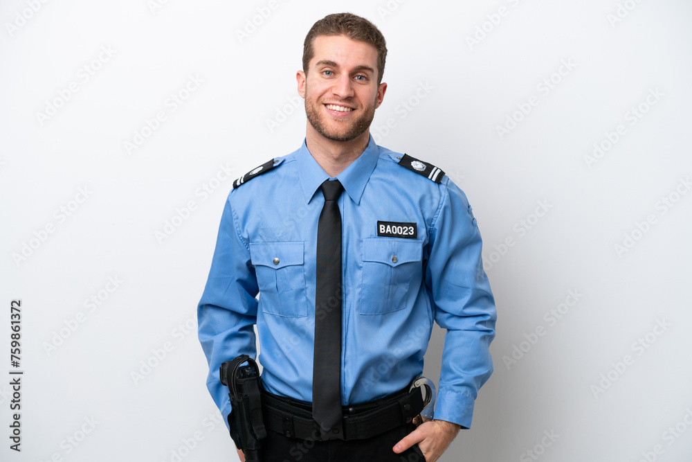 © luismolinero - Young police caucasian man isolated on white background laughing