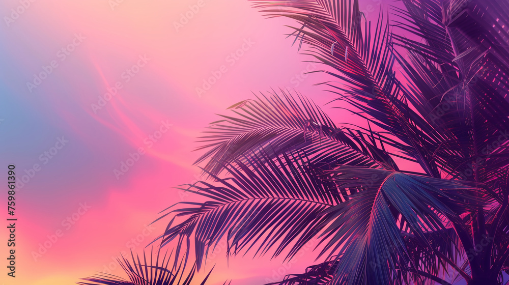 Tropical and palm leaves in vibrant bold gradient holographic colors. Concept art. Minimal surrealism background. Neon colors