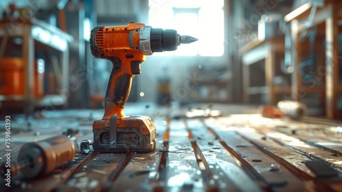 High-performance cordless drill on a well-equipped tool bench