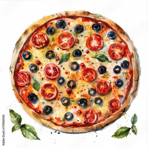 Watercolor illustration of a freshly baked pizza topped with mozzarella, cherry tomatoes, black olives, and basil, ideal for Italian cuisine concepts or menu designs
