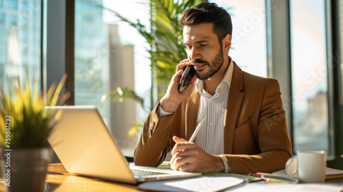 businessman engaged in a phone conversation while sitting at his desk in an office with a laptop open in front of him.