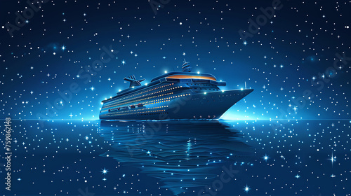  Futuristic blue cruise liner in ocean with neon lights and dots. Concept of luxury boat vacation. Modern big ship for travel brochure, sailing design or digital template for voyage website. © Martinesku