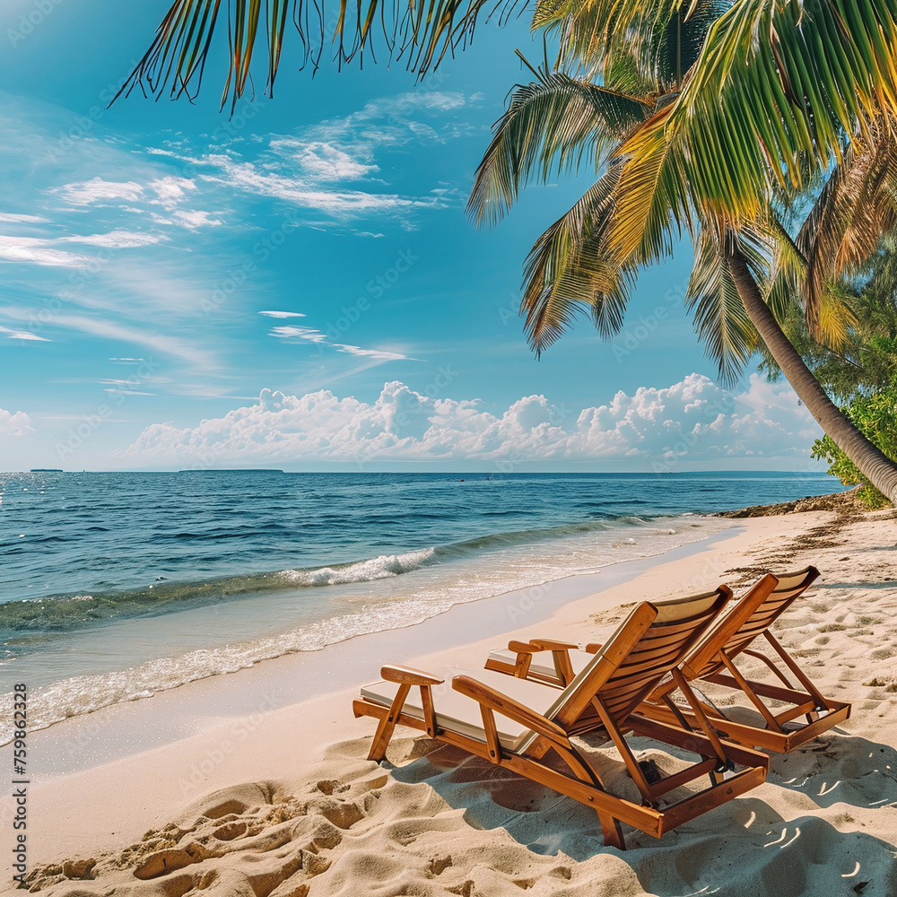 Beautiful beach. Chairs on the sandy beach near the sea. Copy space. Summer holiday and vacation concept for tourism. Inspirational tropical landscape