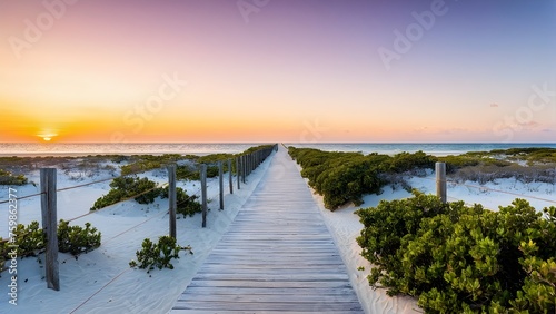 Tranquil sunset scene with a long boardwalk  leading to a serene white sand beach  framed by shrubs  and the calming ocean waters.