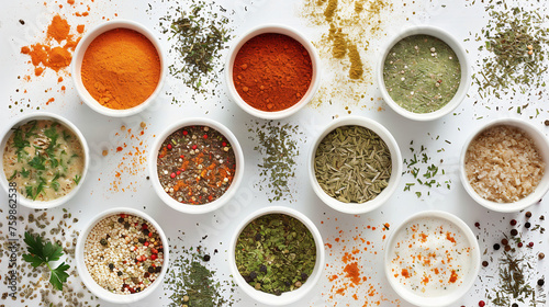 Various seasonings in cups. Background of spices on the table, top view