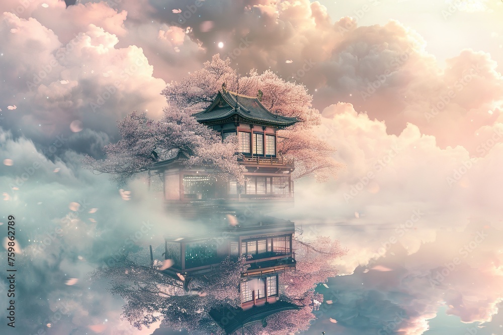 Obraz premium Serenity Amongst the Sakura: Ethereal Teahouse in the Clouds