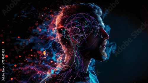 Brain and thinking in a human head. Brain Nervous System concept. Deep learning, Artificial Intelligence and Machine learning, AI Technology, Thinking concept.