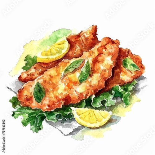 Watercolor illustration of crispy battered fish fillets with fresh lemon slices and basil on a bed of greens, perfect for culinary concepts and seafood restaurant menus