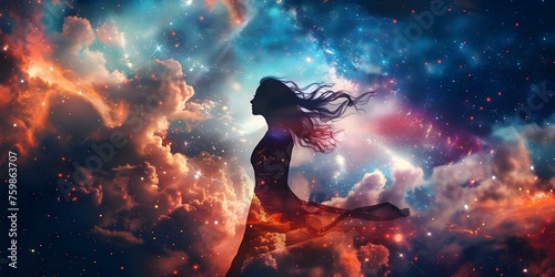 The Power and Femininity of a Woman among Galaxies and Cosmic Energy. Concept Feminine Power, Galactic Energy, Space Goddess, Strong Woman, Cosmic Connection © Ян Заболотний