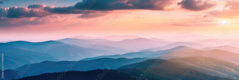 panorama of a mountain landscape, distant view with fog, forests, sunlight in the sky, view from the top, aerial photography, for a banner, wild hills, hiking