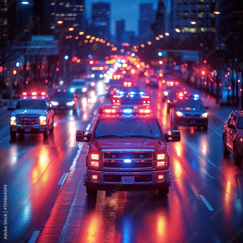 Blazing lights of an emergency response vehicle cutting through the night on a wet urban street
