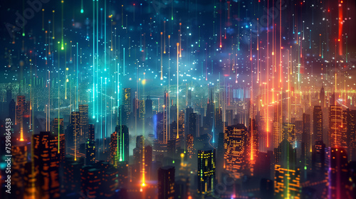 A cityscape with many buildings lit up in neon colors