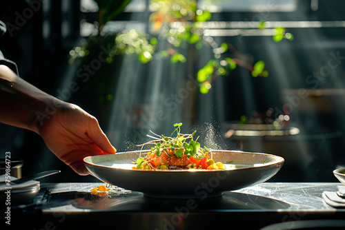 Sunlight highlights a chef's hands gently plating vibrant greens atop a sumptuous dish photo