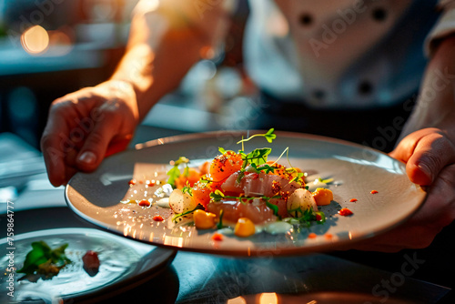 An engaging image of a chef's hands meticulously garnishing a gourmet dish with fresh herbs under focused light photo