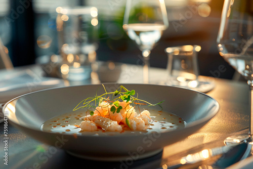 A plate of delicately arranged shrimp garnished with microgreens, served in a high-end dining atmosphere with warm lighting photo