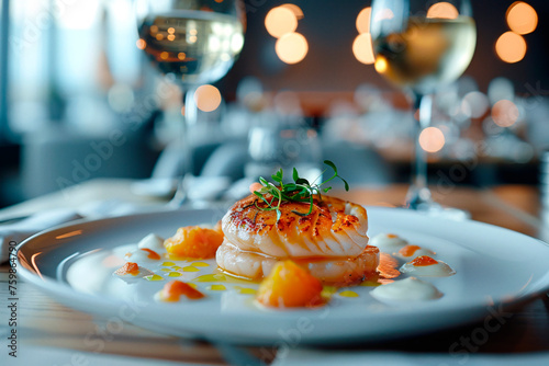 A meticulously prepared seafood dish enhanced by artistic plating and ambient lighting in a modern dining setting photo