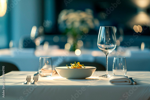 A professionally captured image of a sophisticated salad served on an elegant table with soft lighting photo