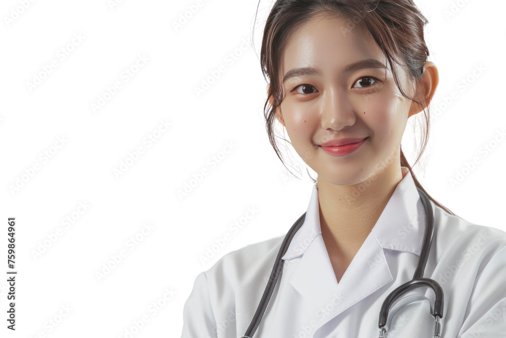 Portrait of smiling female doctor in white coat with stethoscope Isolated on transparent background. Portrait of smiling female doctor in white coat with stethoscope Isolated on transparent background.